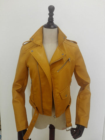 Couro de motocicleta de outono de inverno põe jaqueta couro de mulheres de jaqueta de couro amarelo cobrem couro de jaqueta de Slim Pu