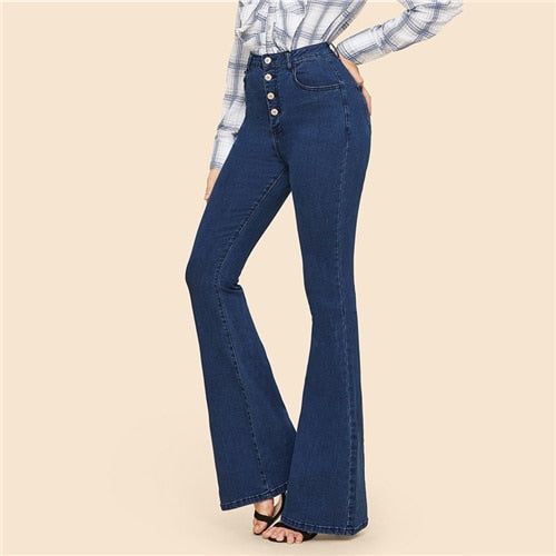 Botão azul vintage Up Flare Hem Mid Waist Stretch Long Denim Calças jeans