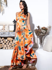 色っぽいオレンジ十字ストラップ側は、女性のためにひだのあるプリント長いドレスを切り開きます