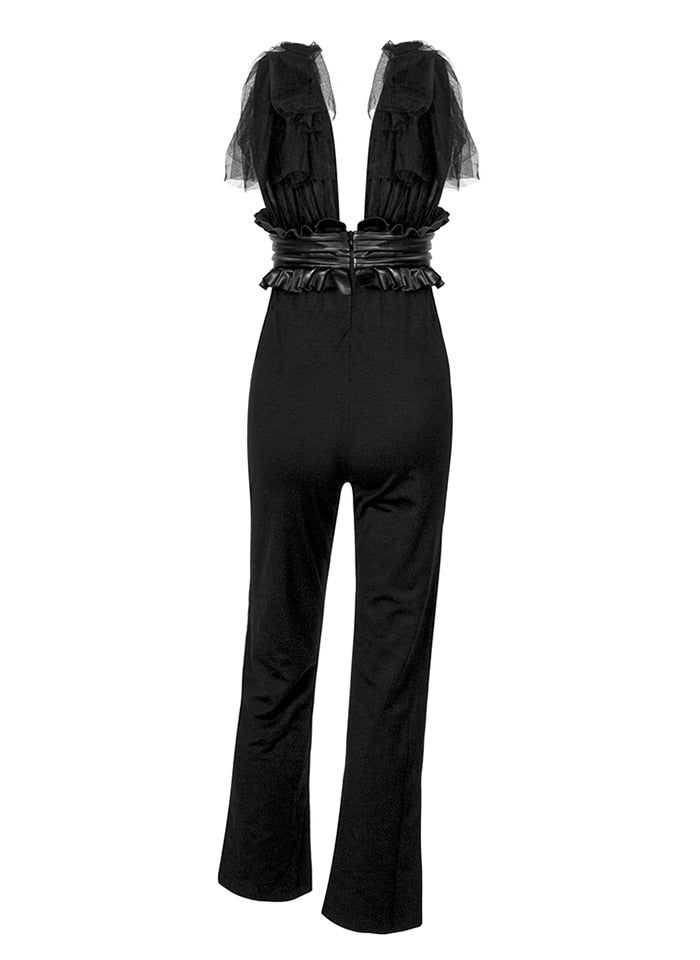 色っぽい黒いＶネック上体メッシュは、女性のために高いウエスト合うものジャンプスーツを結びつけます