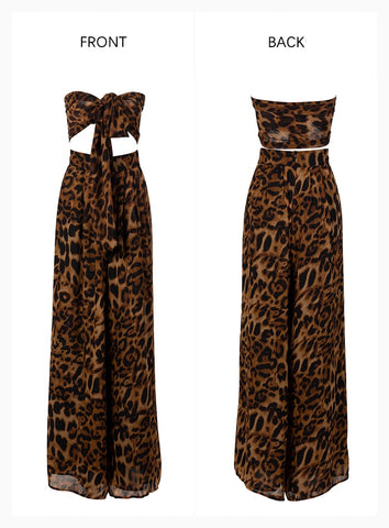 Sexy Ladies' Leopard Print Chiffon Cropped Tank & High Waist Wide Leg Pant Set
