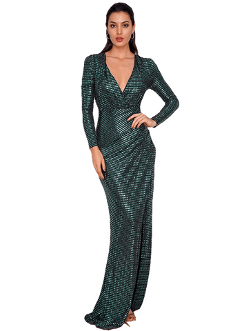 Sexy Green Female Deep V-Neck Cut Out Puff Sleeves Elastic Material Maxi Dress