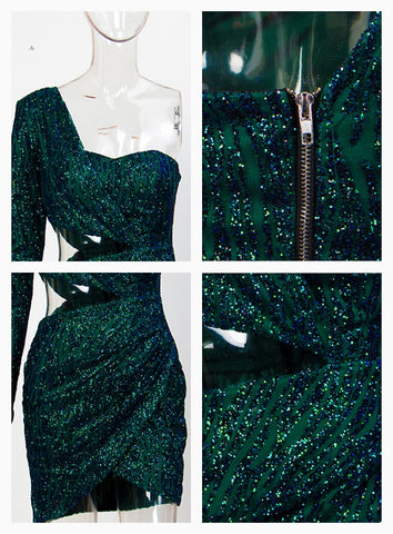 Sexy Green Cut Out Single Sleeve Glitter Glue Bead Material Party Dress For Ladies