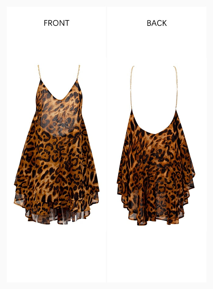 Mousseline de soie de caractères du léopard de décolleté en pointe sexy chaîne en métal femmes de robe du parti boursouflées