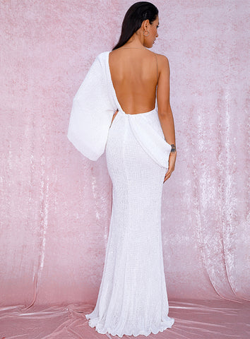 Sexy White Girls' V-neck Single Sleeve Split Maxi Dress With Sequins For Soiree