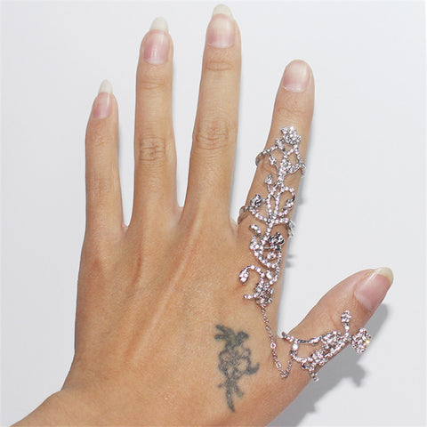 נשים מזדמנות סגסוגת שיק + ריינסטון מבריק קריסטל פרחוני טבעת סלבריטאים מסיבת חיבור 2 טבעות אצבע מלאות לנשים