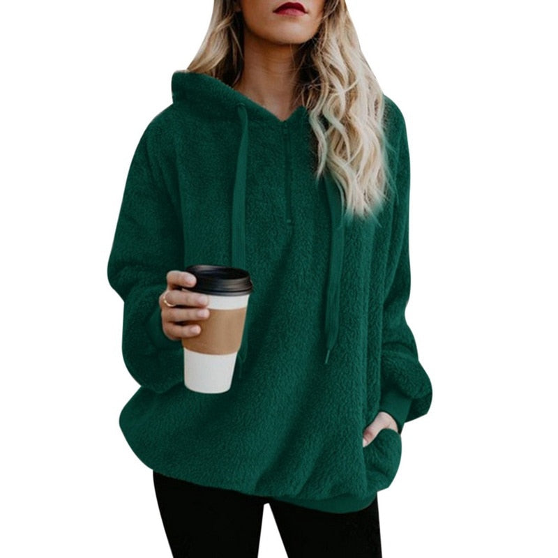 Fleece Long Sleeve Hooded Pullover Sweatshirt Autumn Winter Warm Zipper Pocket Fur Coat For Women