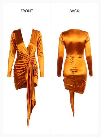 Sexy V-Neck Shirring Streamer Decoration Bodycon Party Dress Orange For Females