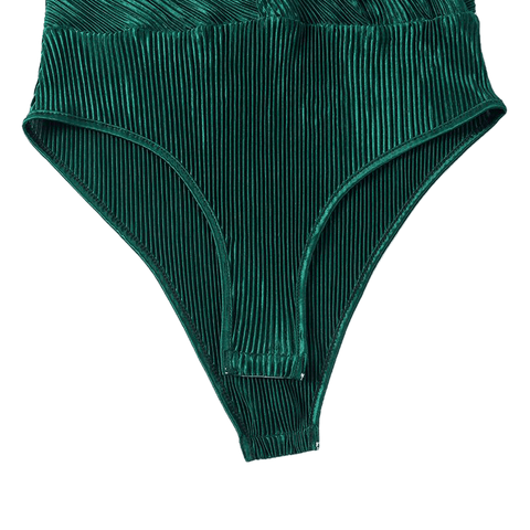 女性のためのセクシーな長袖Vネックのボディスーツ夏の新しいファッショングリーンテクスチャシャツボタントップエレガントなプレイスーツ