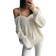 Autumn And Winter Sexy Off Shoulder Backless Cross Solid Color Knitted Sweater - Sheseelady