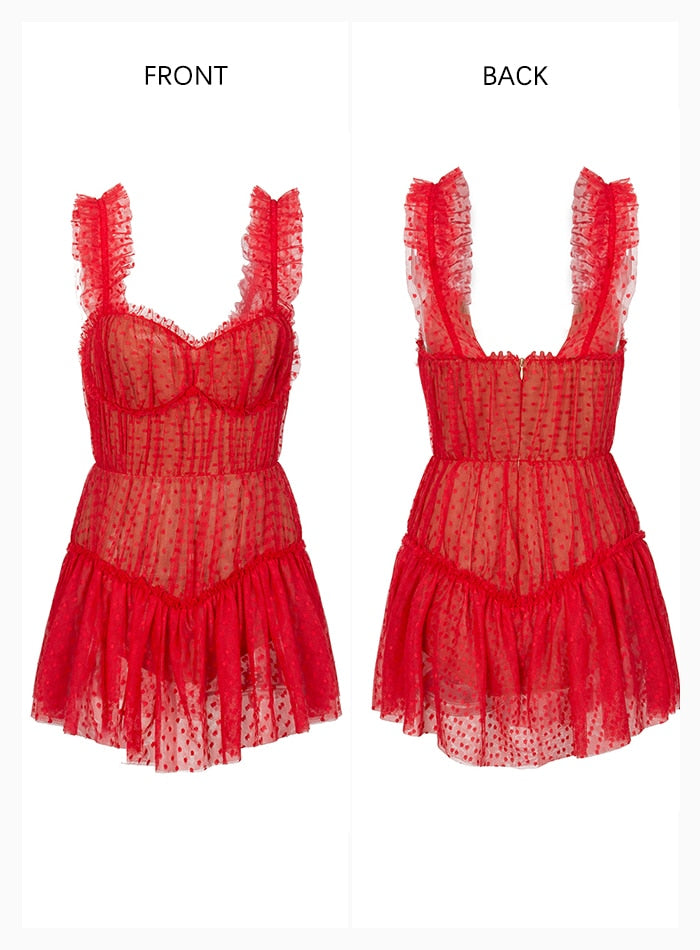 Sexy Red Dot Print Frilled Mesh Playsuit For Ladies