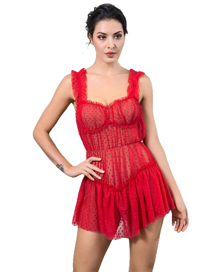 Sexy Red Dot Print Frilled Mesh Playsuit For Ladies