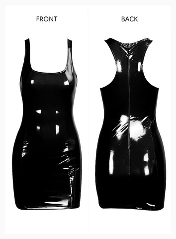Trendy Sexy Ladies' O-neck Sleeveless Elastic Faux Leather Bodycon Dress For Club