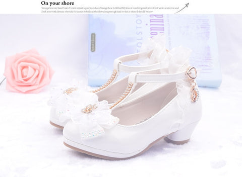 Pu Low Heel Lace Flower Kids Shoes for Girls