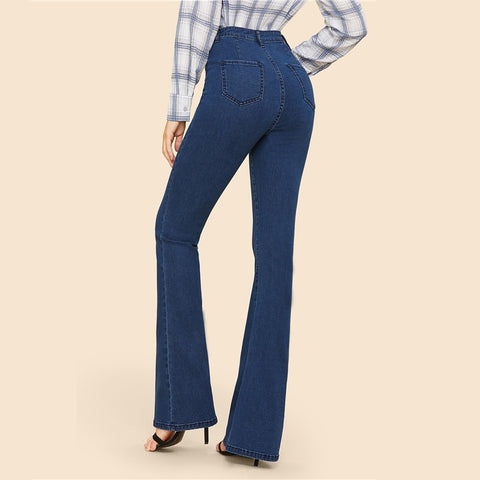 Jeans vintage sólido flare com bainha média cintura fina para mulher