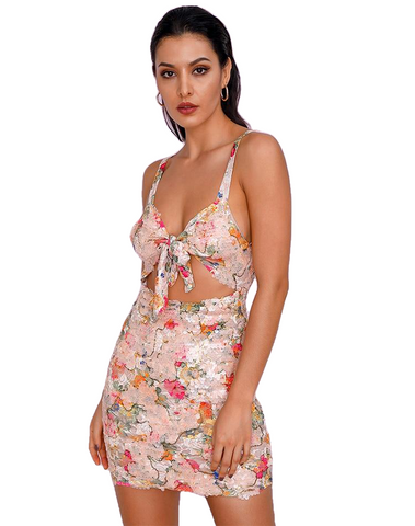 Sexy Women's Floral Print Cut Out Sequin Bodycon Mini Dress With Front Bow