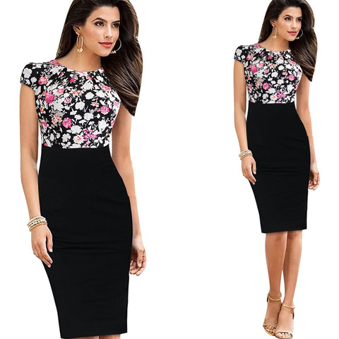 Nice-Forever New Print Stylish Elegant Casual Work Ruched Cap Sleeve Gather O-Neck Bodycon Knee Women Office Pencil Dress