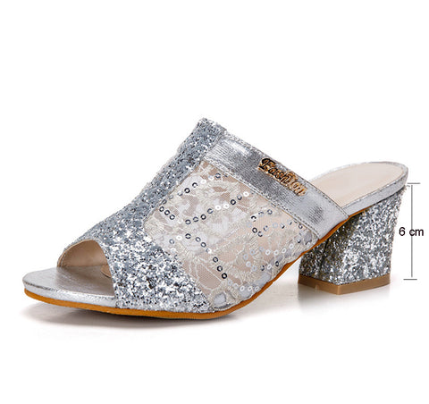 Fashionable Casual Ladies' Bling Square Heel Sandals