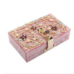 Luxury Trendy Women's Acrylic Box Clutch With Crystal Floral Pattern For Wedding Party