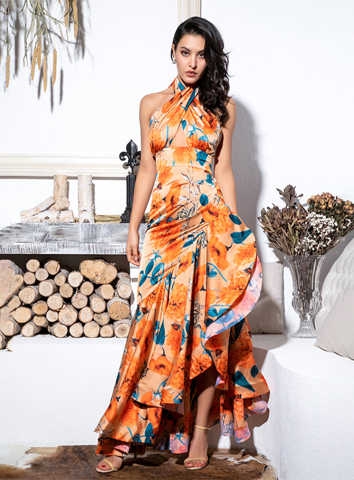 Sexy Orange Cross Straps Side Slits Ruffled Print Maxi Dress For Ladies