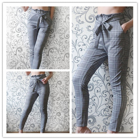 Elegant Grey High Waist Cigarette Pants Trousers With Belt Office Work Long For Women'S