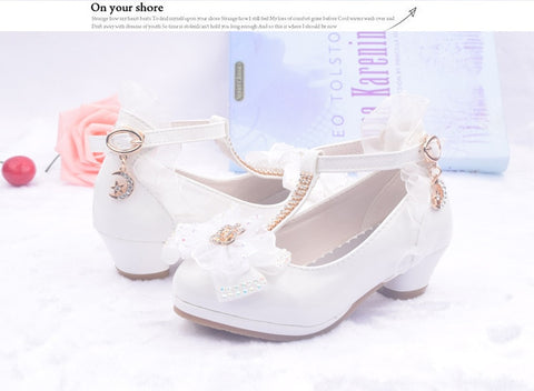 Pu Low Heel Lace Flower Kids Shoes for Girls
