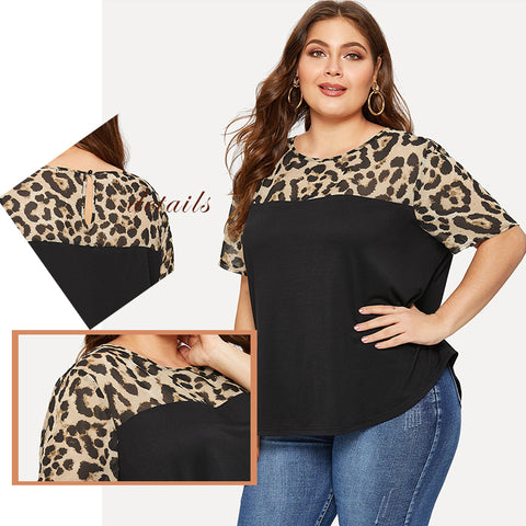 Plus Size T Shirt Women Leopard Yoke Cut And Sew Curved Hem Summer Tops Black Color Block Casual Female Tee
