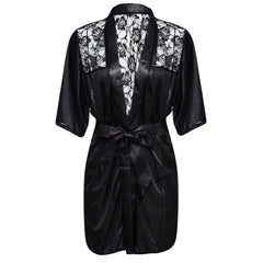 Sexy Lingerie Plus Size Satin Lace Black Kimono Intimate Sleepwear Robe Sexy Night Gown Women Erotic Underwear