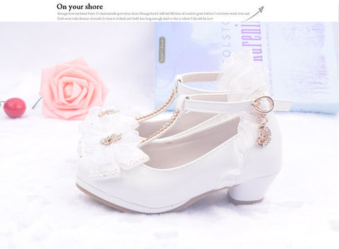 Lovely Girls' Lace Flower Trim Low-heeled PU Princess Shoes For Dance Dress