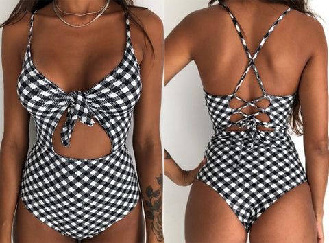 Sexy One Piece Swimsuit Print Bodysuit Crochet Bandge Bikini