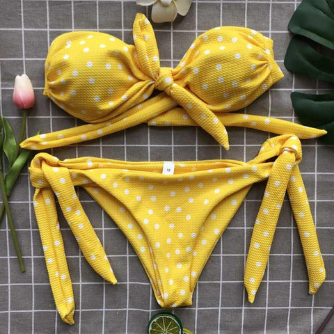 Sexy Women's Bow Padded Push Up Bikini Set With Dot Printed