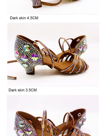 Luxury Elegant Ladies' Soft-soled Latin Shoes With Rhinestone Heels