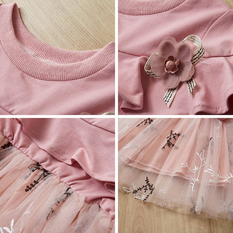 Girl Mesh Princess Pink Wool Bow Dresses