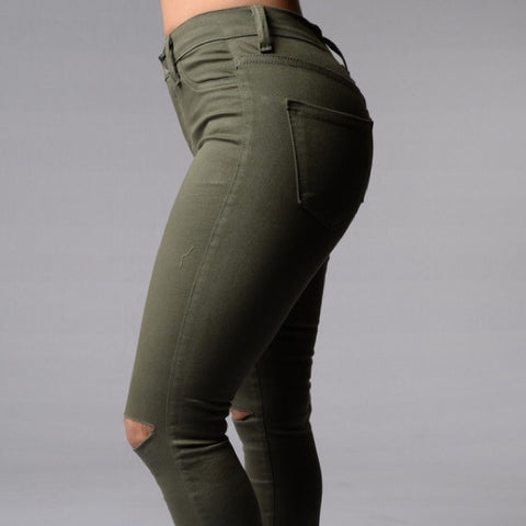 Elasticidade magra skinny esvaziar o joelho jeans para mulheres