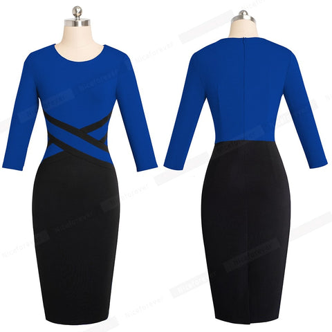 Vintage Elegant Women's O-neck Patchwork Bodycon Dress For Party Office