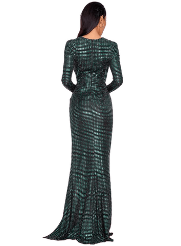 Sexy Green Female Deep V-Neck Cut Out Puff Sleeves Elastic Material Maxi Dress