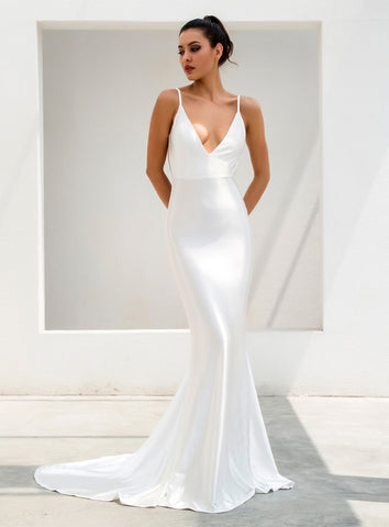 Sexy White Deep V-Neck Open Back Slim Flash Material Long Dress For Ladies