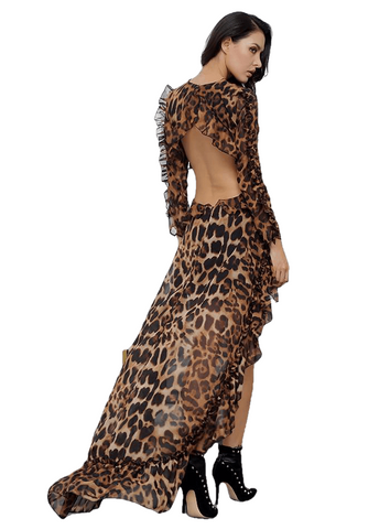 Leopard Print Sexy Cut Out Open Black O-Neck Chiffon Dress For Women