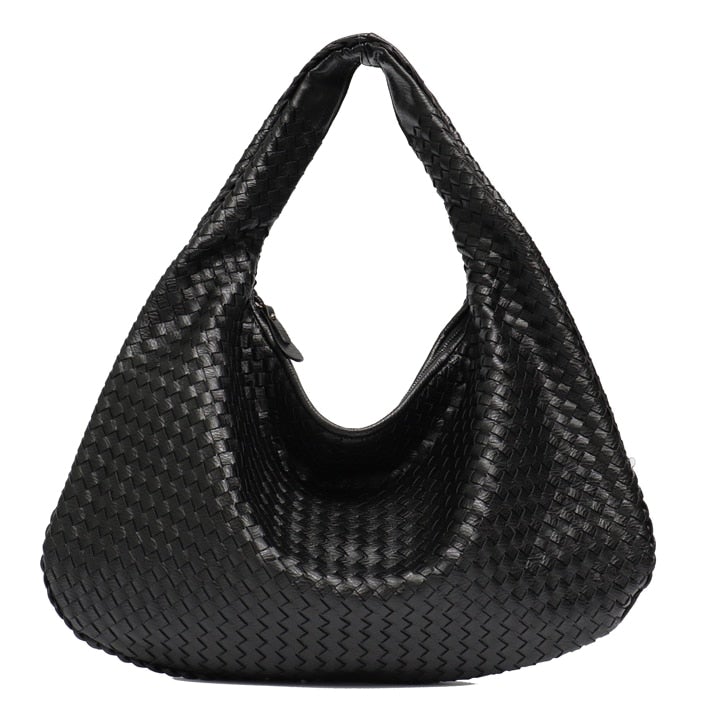 Leather Hobo Bag Handmade Woven Casual Female Handbag Big Capacity Patchwork Zipper Women Shoulder Bags