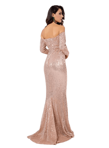ゴールド ディープ V カラー ロングスリーブ 伸縮スパンコール 素材 ロング ドレス