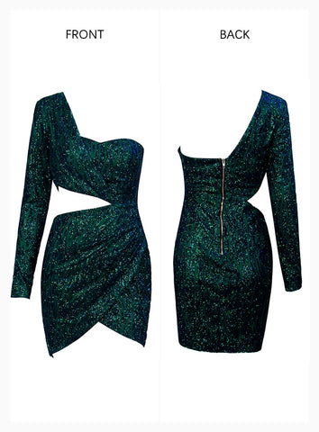 Sexy Green Cut Out Single Sleeve Glitter Glue Bead Material Party Dress For Ladies