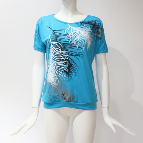 Casual Trendy Women's Feather Print O-neck Tops Of Short Sleeve Or Off Shoulder