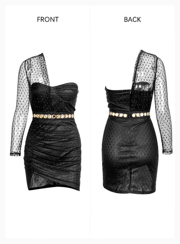 Sexy Black Polka Dot Single Sleeve Pleated Bodycon Party Dress For Females