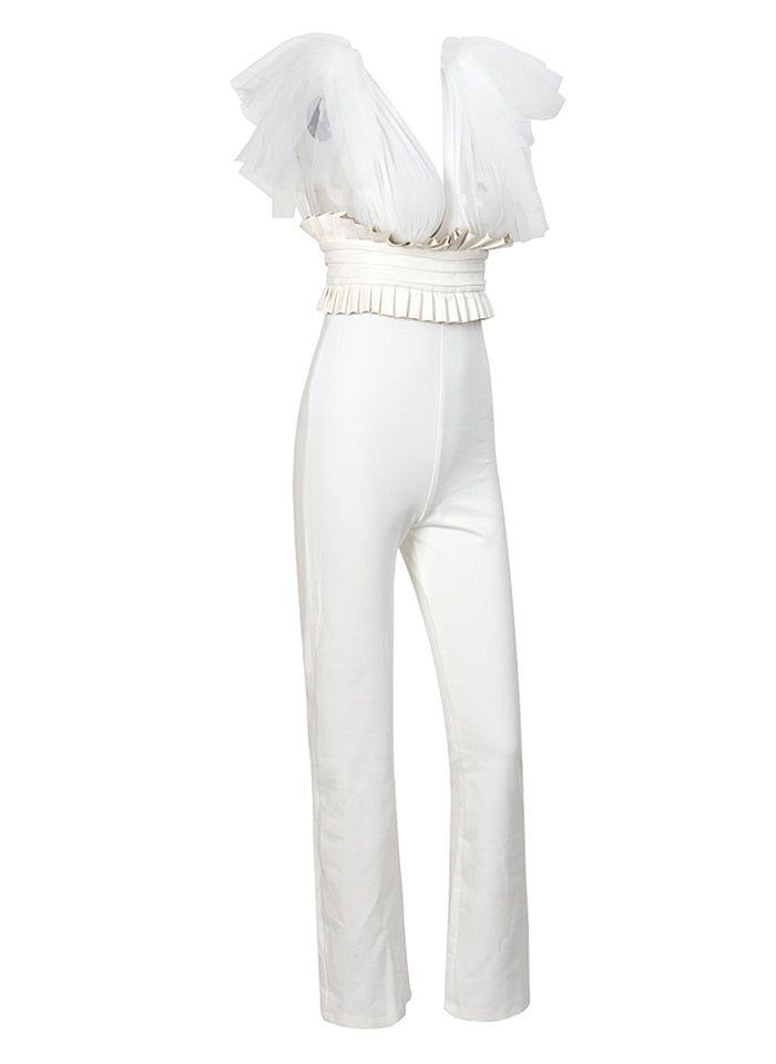 Sexy blanc V-Cou Haut du corps Maille Sangles Haute Taille Ajustement combinaison pour dames