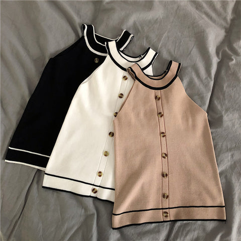 Halter Tank Top Femmes Été T Shirt Crop Top Tricoté Boutons Stretched Color Block Sexy Vest T Shirt Noir Beige Blanc