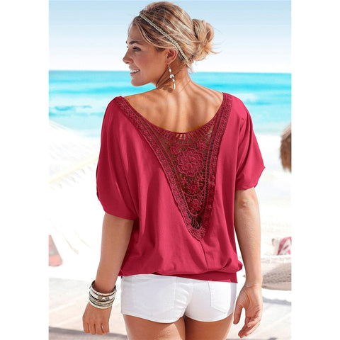 Camisa de Verão Femininas Telhas de Verão de Lace Hollow Plus Size