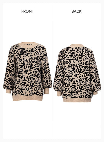 Casual Trendy Black Leopard Print Long Sleeve Srewneck Sweater For Female