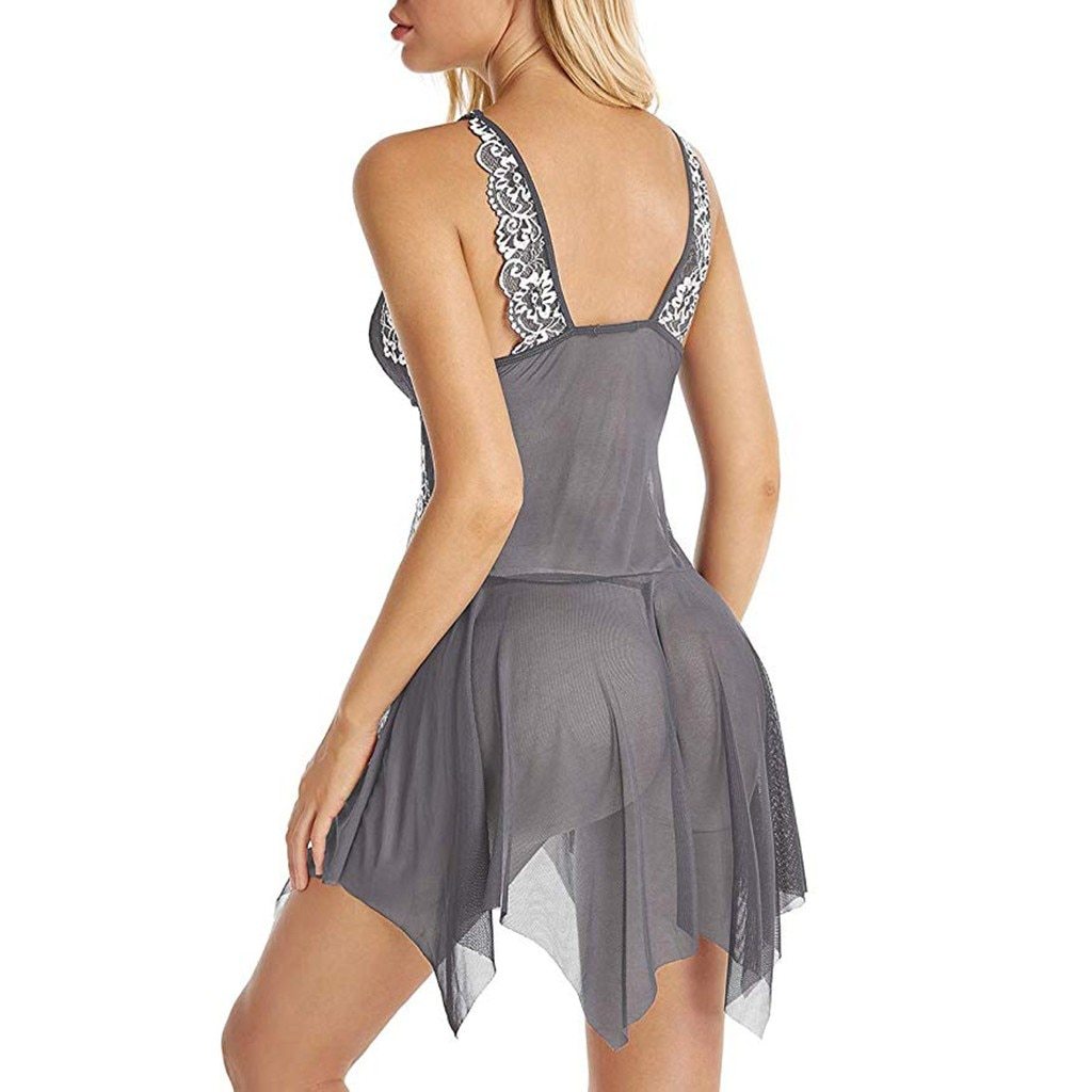 Sexy Lingerie Women Front Closure Babydoll Lace V Neck Mesh Sleepwear
