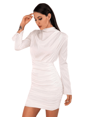 Alto colarinho branco sexy parte superior do corpo solta seda artificial elástica plissada que sai vestido de gala de mulheres