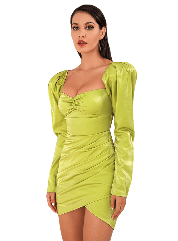 セクシーな緑のスクエアな襟は、女性のために熟考する材料党ミニ服装に長く袖をつけます